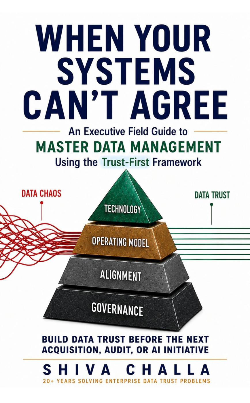 Book cover: When Your Systems Can't Agree — An Executive Field Guide to Master Data Management Using the Trust-First Framework, by Shiva Challa